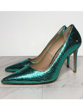 Stuart Weitzman Green Snake Embossed Leathet Pointy Toe Stiletto Heel Pump 7B